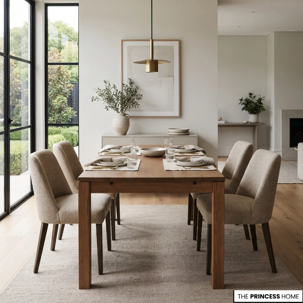 Rectangular dining table with six chairs showing the relationship between table length and seating positions.