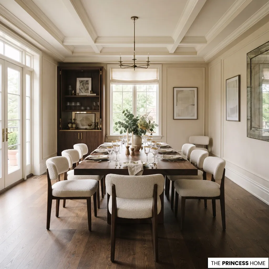 A rectangular dining table aligned with the proportions of an elongated dining room