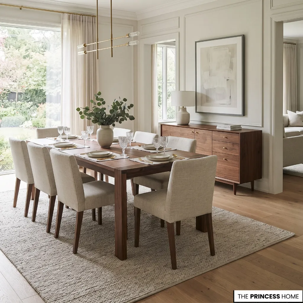 A dining table and sideboard arranged with room for chairs and cabinet access
