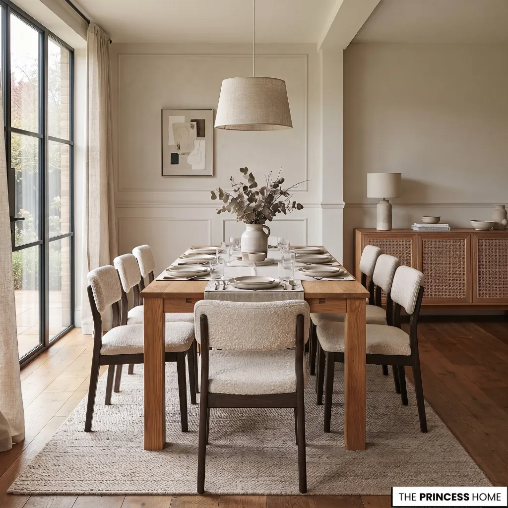 A dining table with surrounding chairs arranged to show their proportions within the room