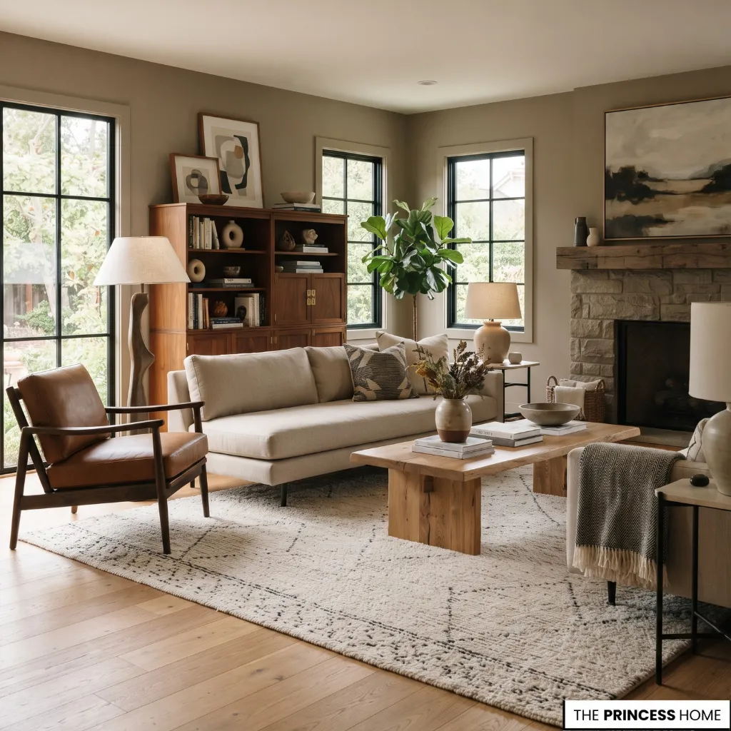 Interior combining recognizable modern, classic, vintage, and global design characteristics