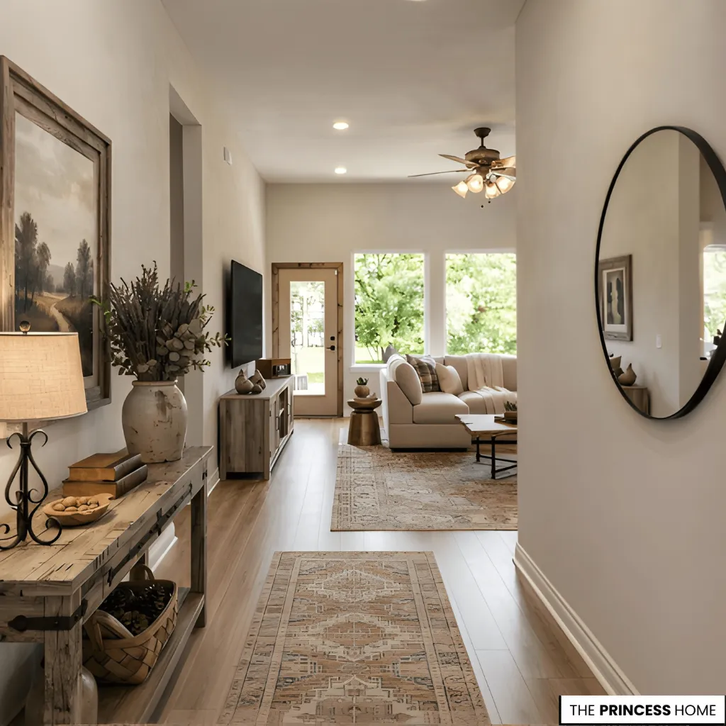 Entryway and adjoining living room connected through related wood finishes and colors