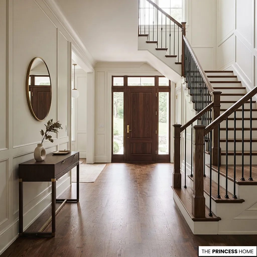 A residential foyer with hardwood flooring, a staircase, traditional wall detailing and a console table.