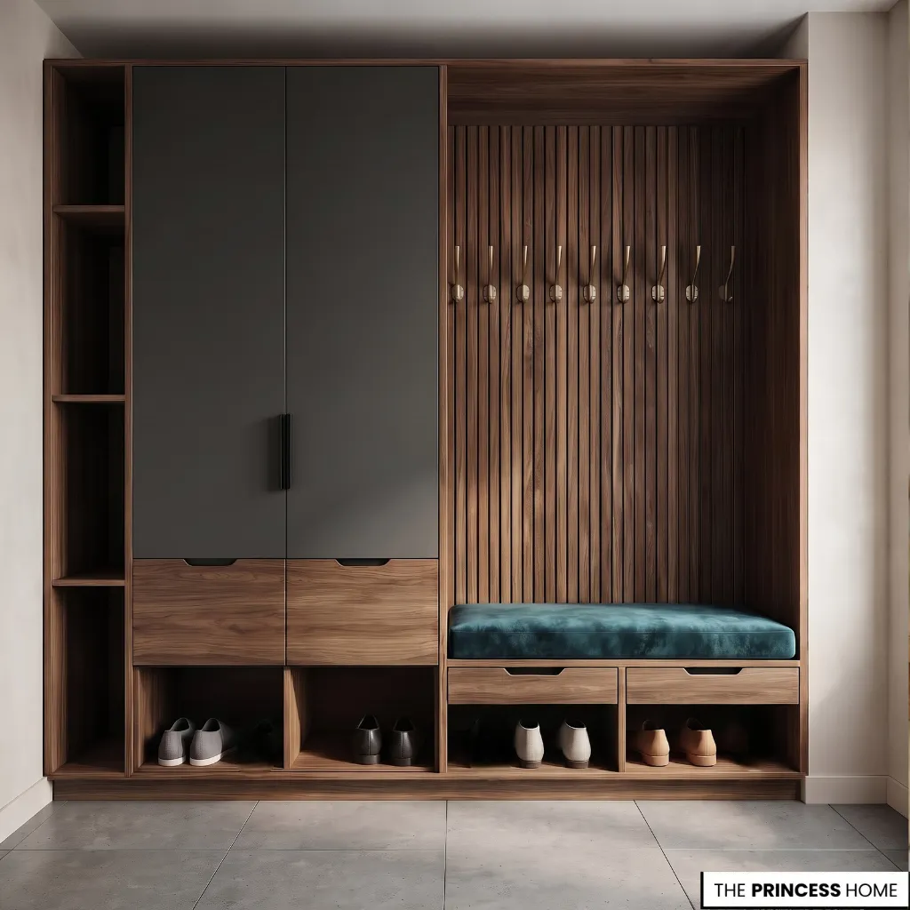 An entryway storage arrangement combining cabinetry, a bench, open shoe compartments, and wall hooks.