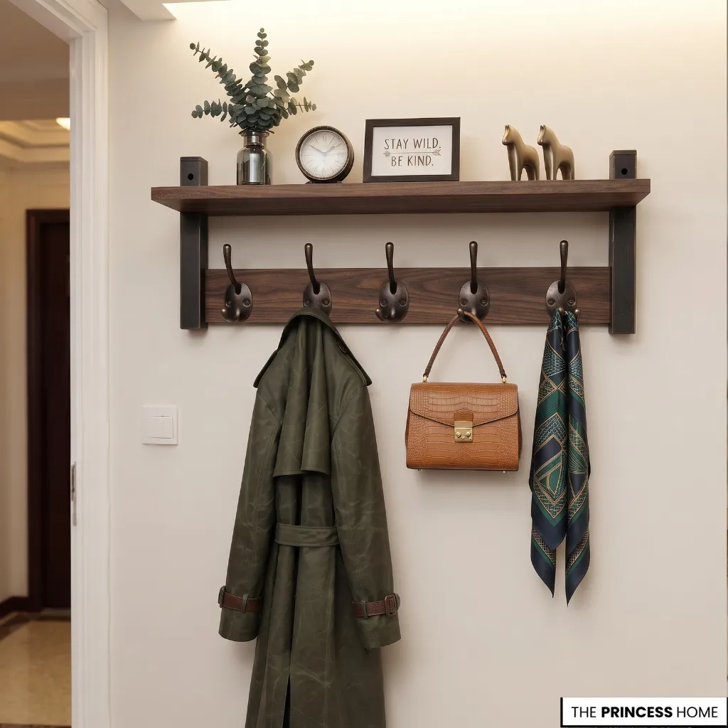 Coats and everyday bags hanging with space between them on a wall-mounted entryway hook rail