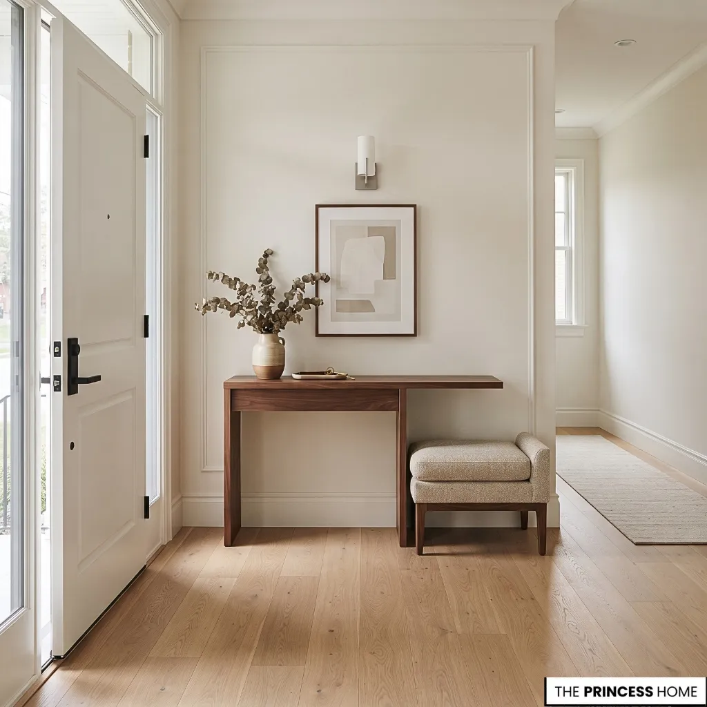 A residential entryway with a proportionate console and a compact bench positioned without obstructing the walking route.