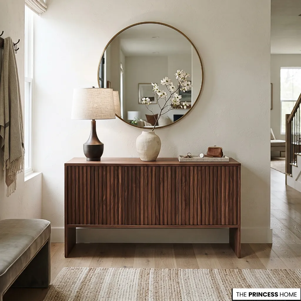 A console table styled with a table lamp, a ceramic vase and a small tray for everyday essentials.