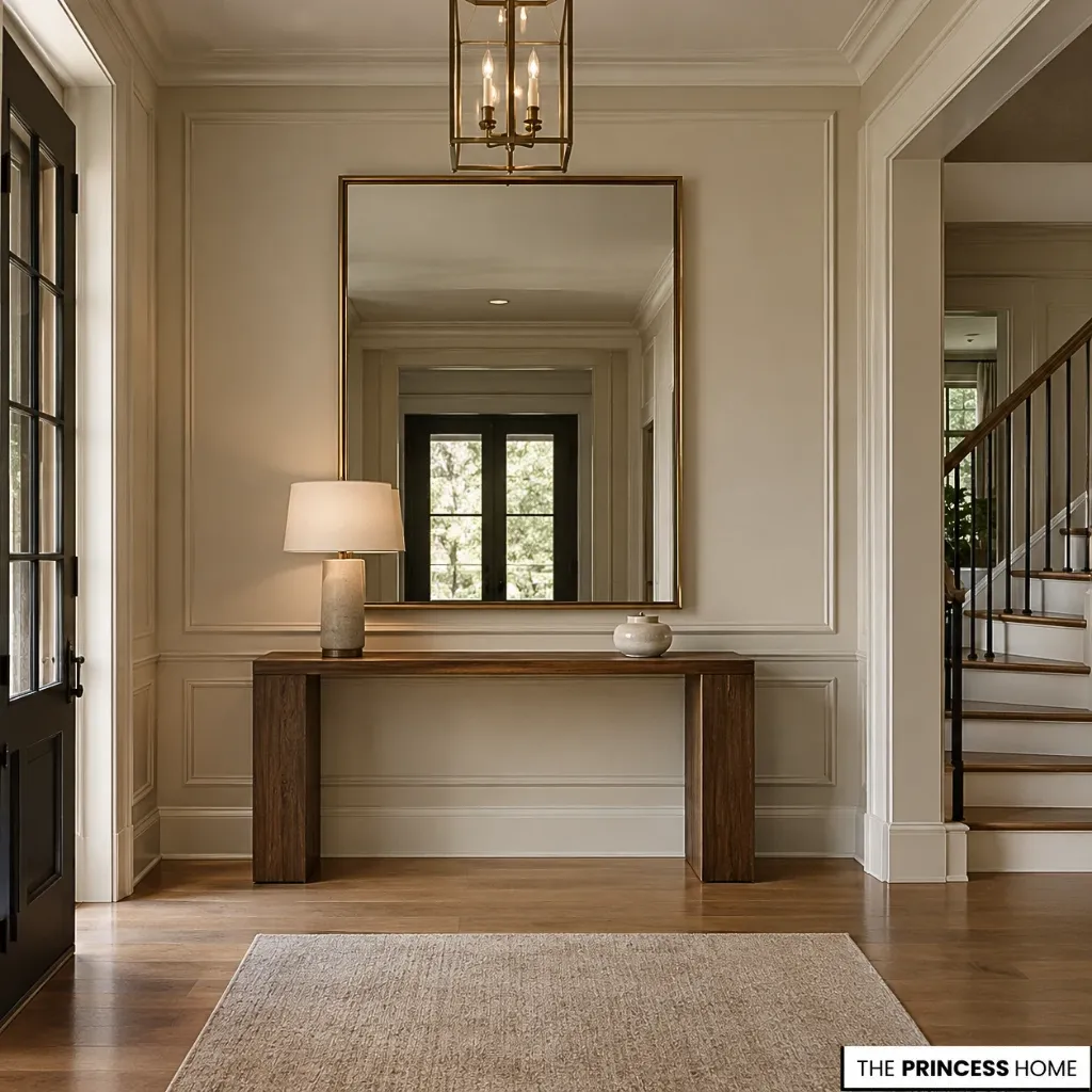 A residential entryway with a mirror positioned above a console and a restrained arrangement of supporting accessories.