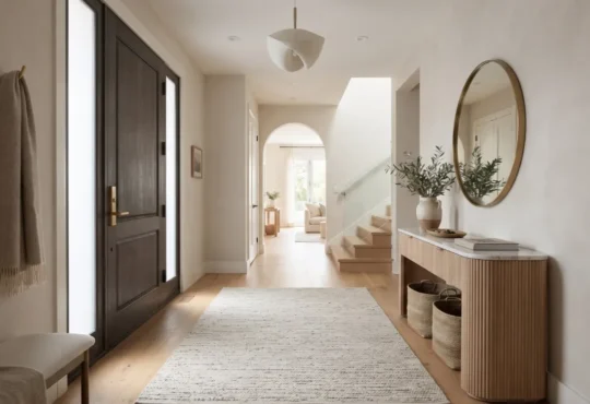 Contemporary entryway with a wooden console, large mirror, rug, and natural light.