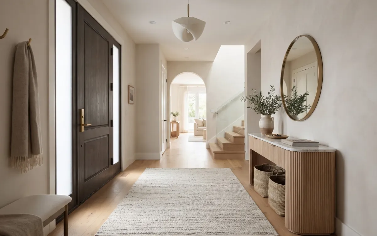 Contemporary entryway with a wooden console, large mirror, rug, and natural light.