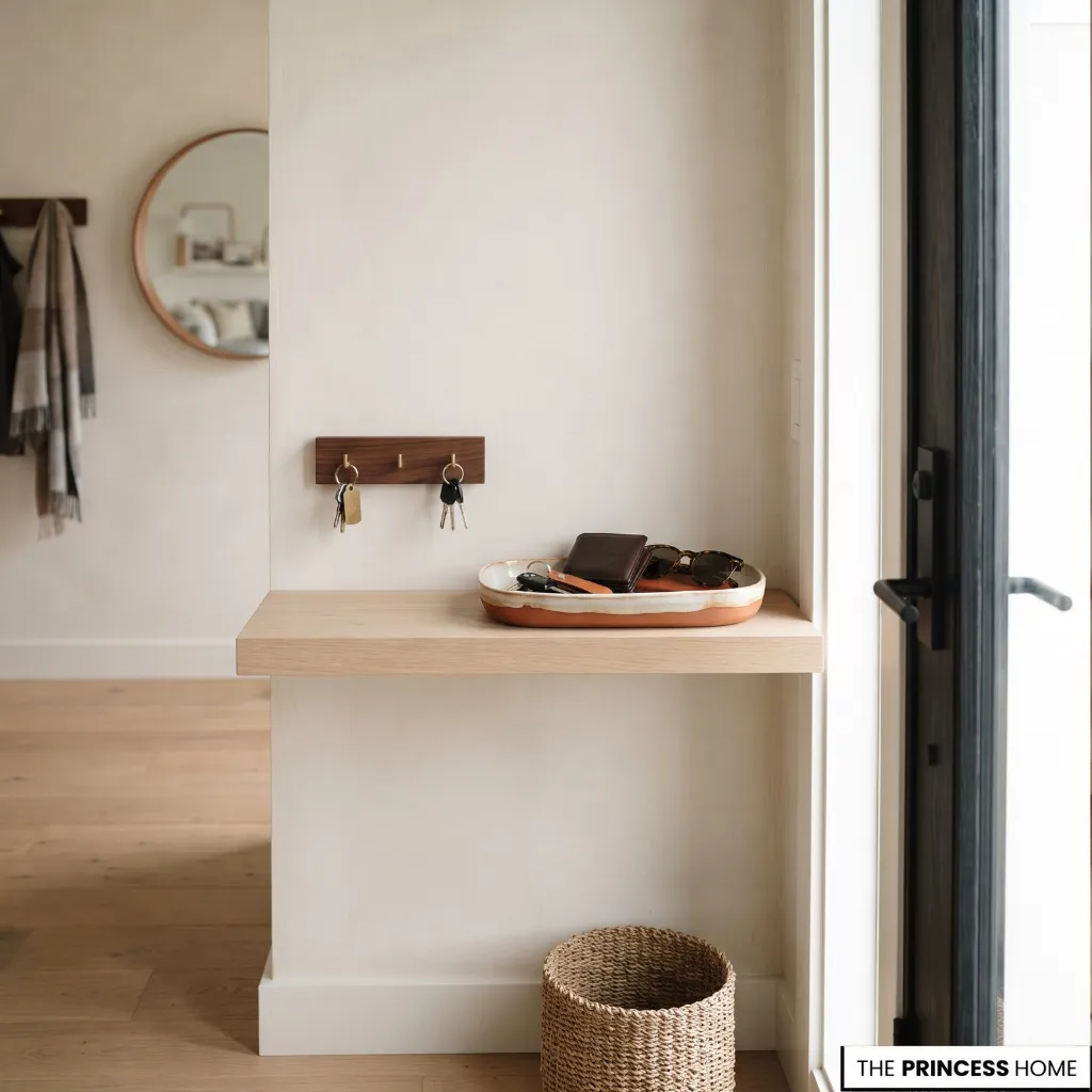 A shallow entryway shelf holding a small tray for keys and a wallet beside a wall-mounted key holder