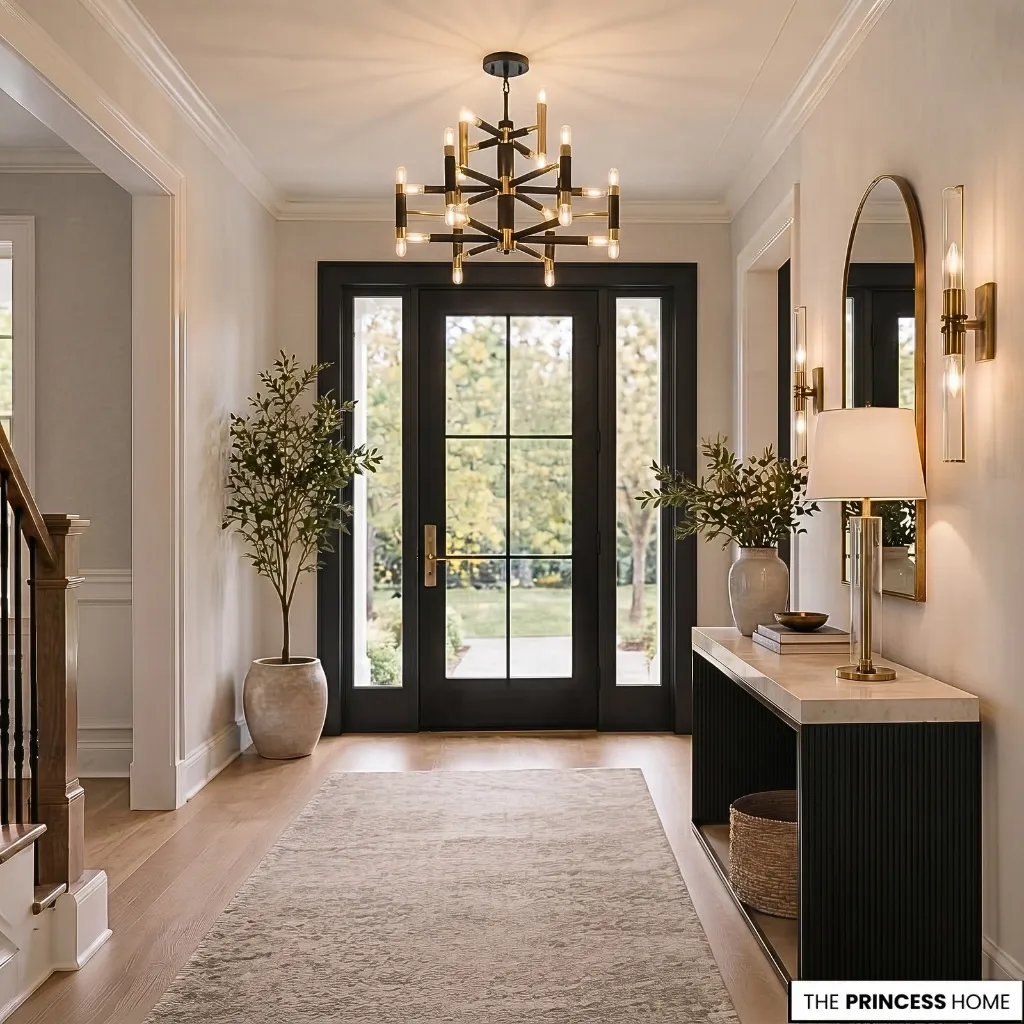 An entryway with general ceiling illumination, wall sconces and a table lamp providing different layers of light.