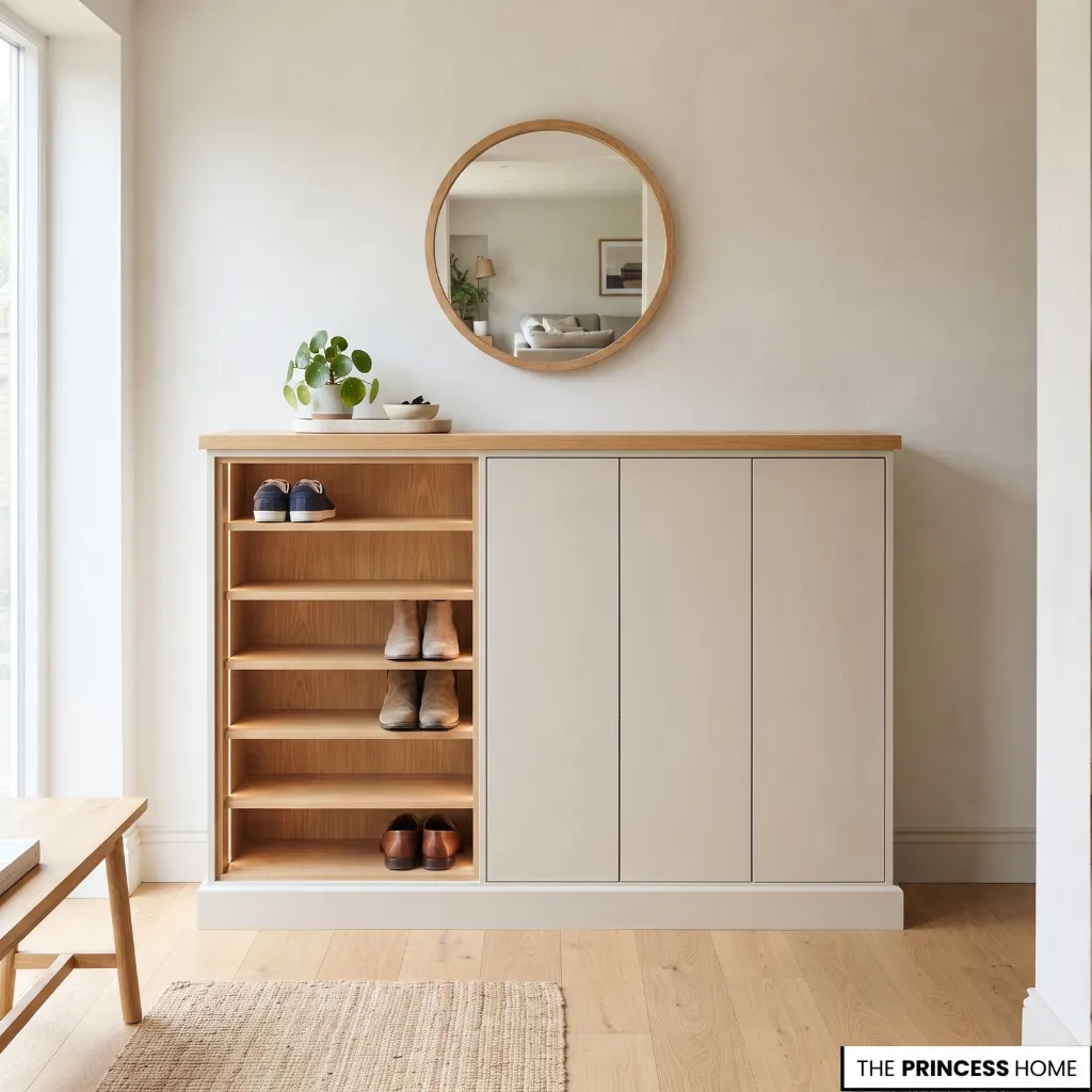 An entryway storage unit combining open shoe shelves with closed cabinet doors for less frequently used items.