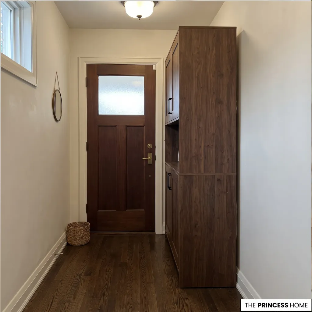 An oversized entryway cabinet narrowing the available walking route beside the entrance door