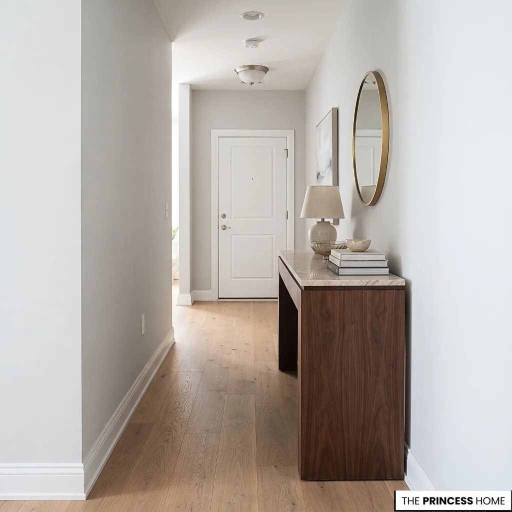 An oversized console table projecting into a narrow entry hallway and restricting the available walking space.