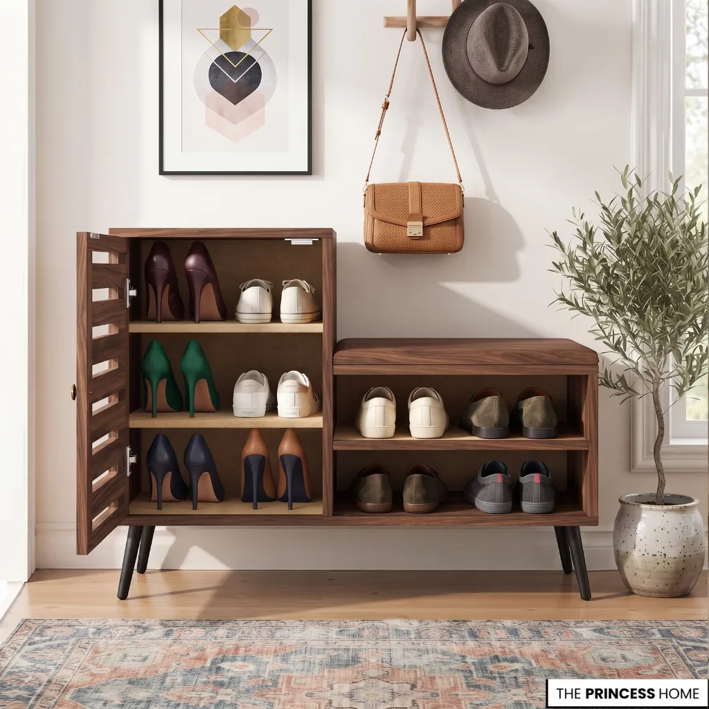 Everyday shoes arranged on open shelves beside a closed shoe compartment and a washable footwear tray.