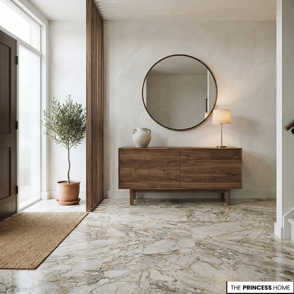 A residential entryway combining patterned stone flooring, a simple wooden console, ceramic accessories and understated metal details.
