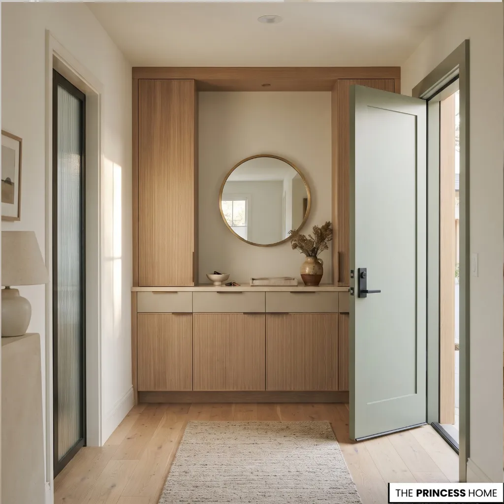Entryway storage cabinetry coordinated with the surrounding wall, door trim, and flooring