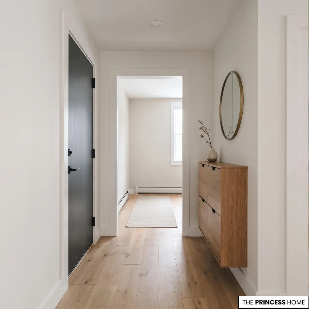 A narrow hallway with a shallow wall-mounted shoe cabinet and a clear walking route beside the doorway.