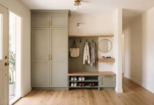 A narrow hallway with a shallow wall-mounted shoe cabinet and a clear walking route beside the doorway.