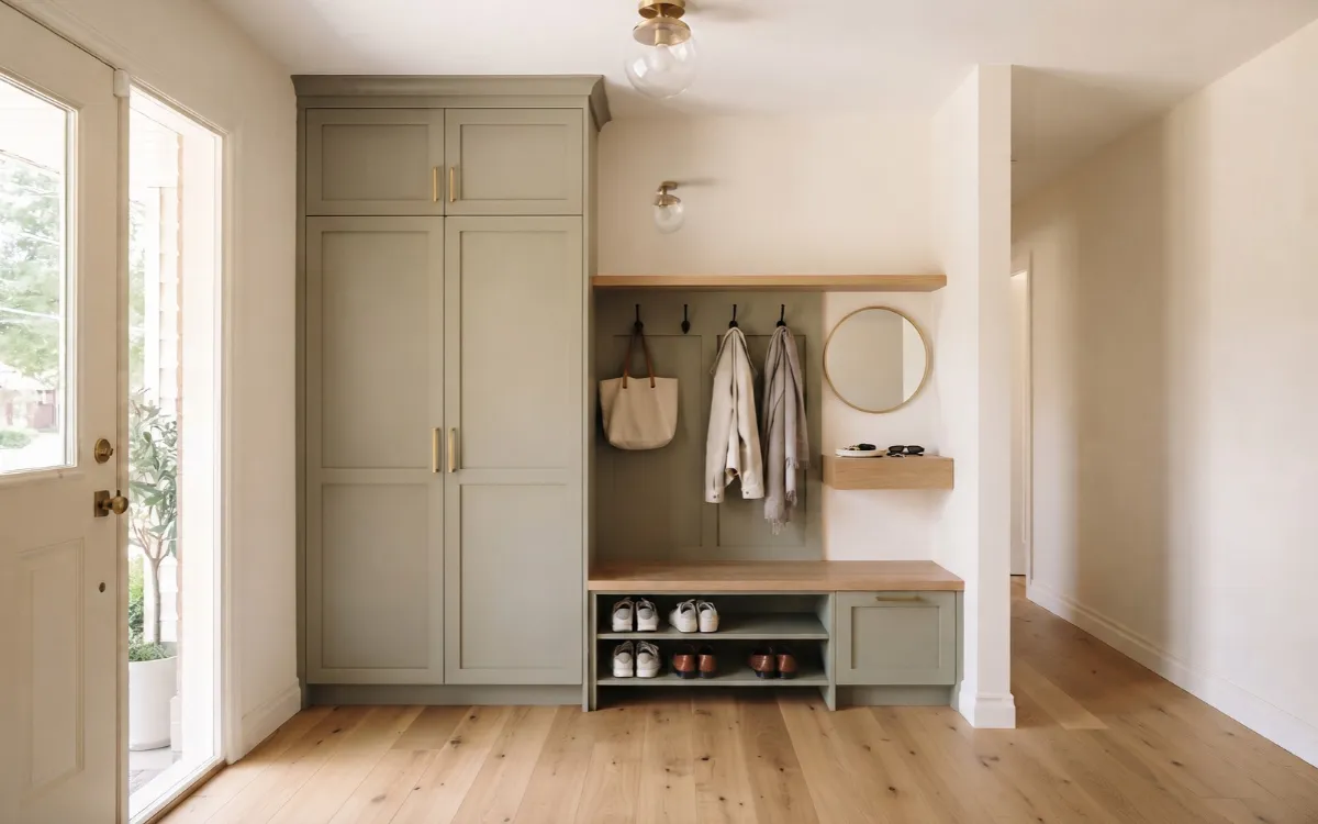 A narrow hallway with a shallow wall-mounted shoe cabinet and a clear walking route beside the doorway.