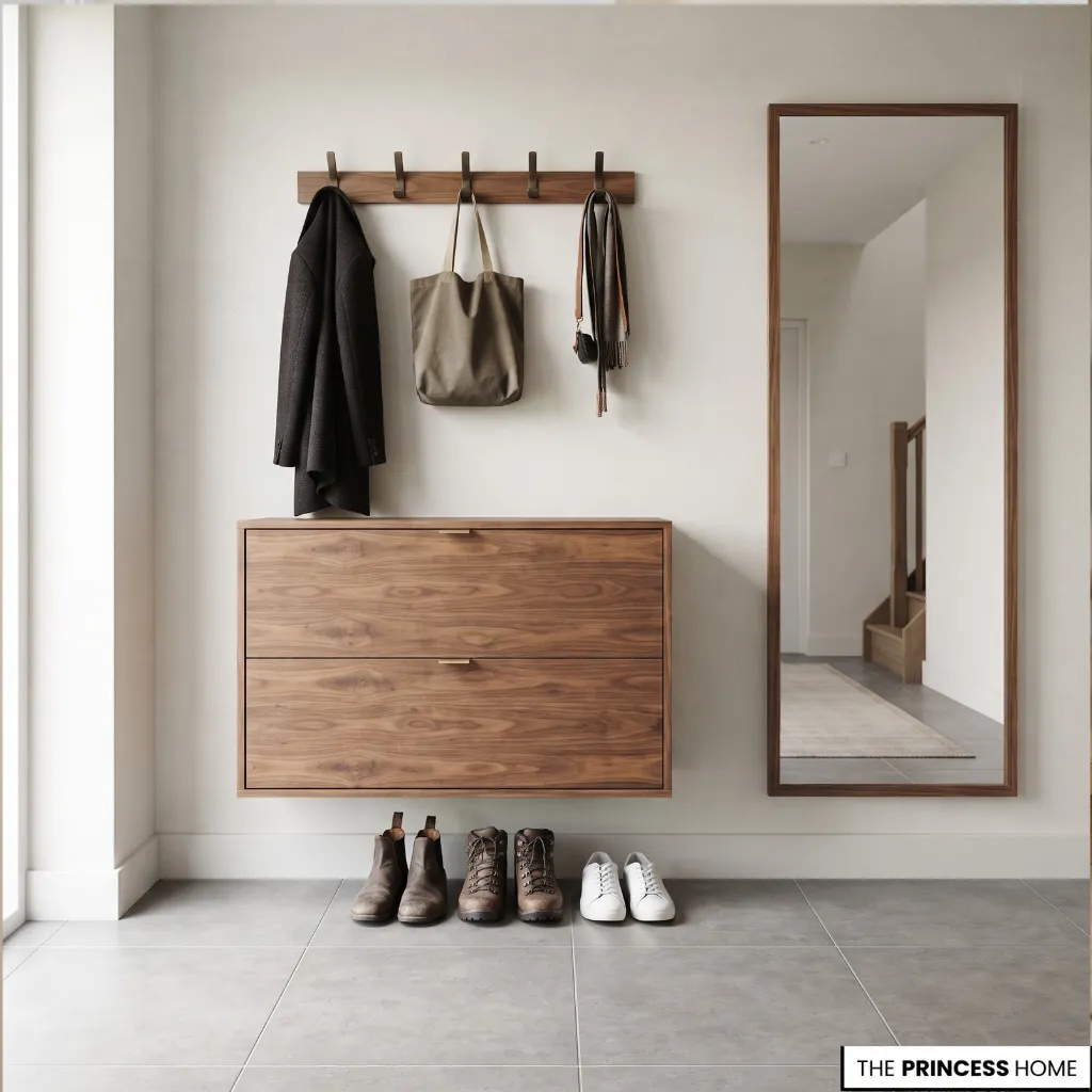 A wood-finished entryway cabinet with metal hooks and an easy-to-clean floor surface