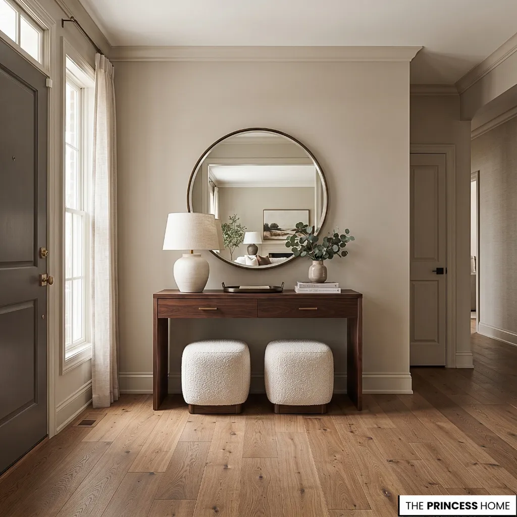 A warm neutral entryway with cream walls, wooden flooring and a console in a complementary finish.