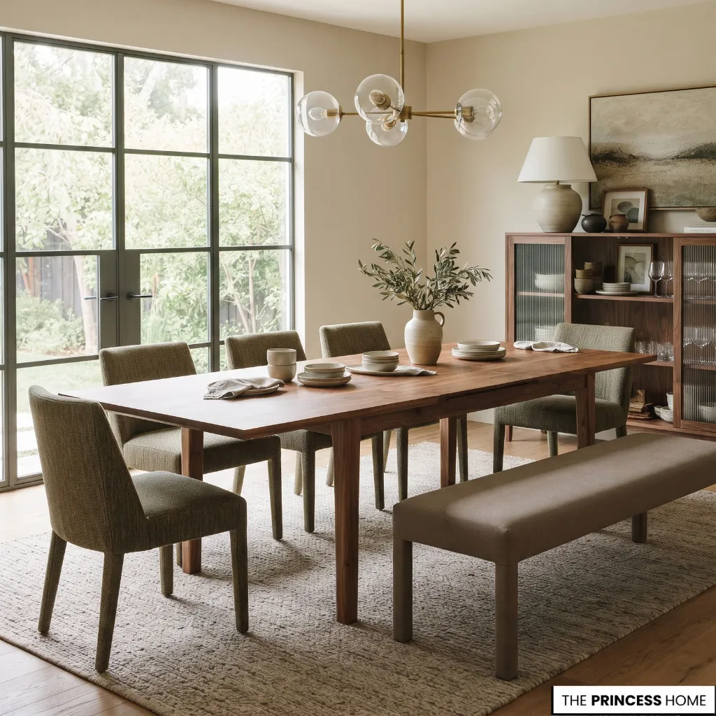 An extendable wooden dining table surrounded by chairs, with a bench along one side and enough space for comfortable movement.