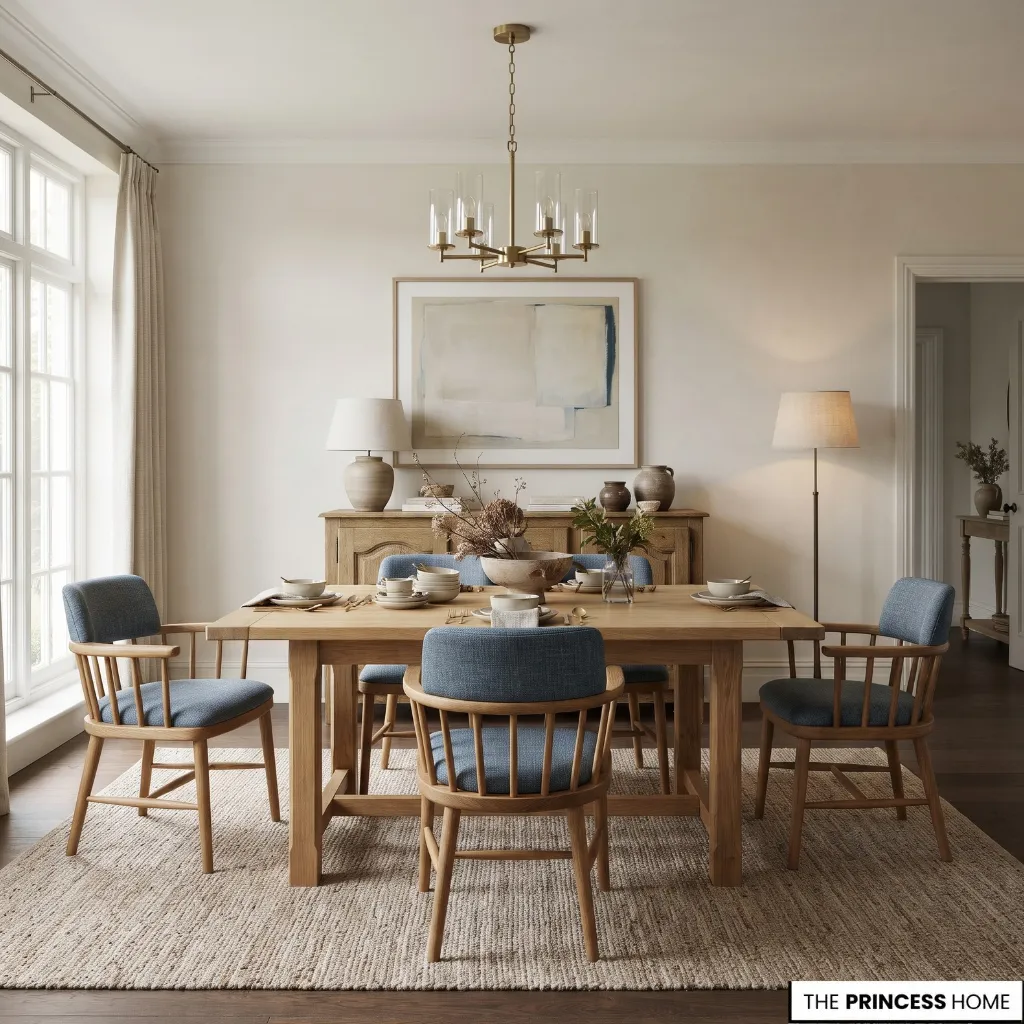 Dining chairs with coordinated proportions, materials, and finishes around a dining table.