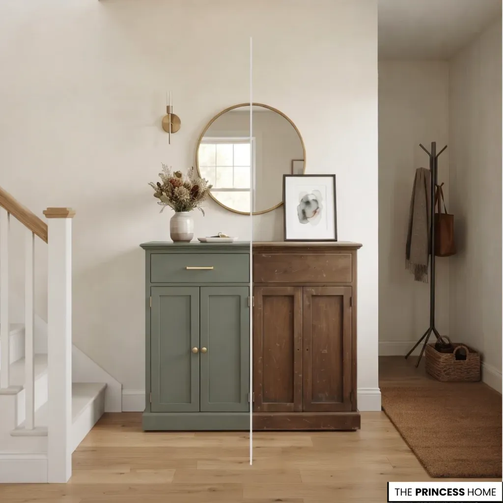 Existing entryway cabinet with refreshed paint and updated hardware.