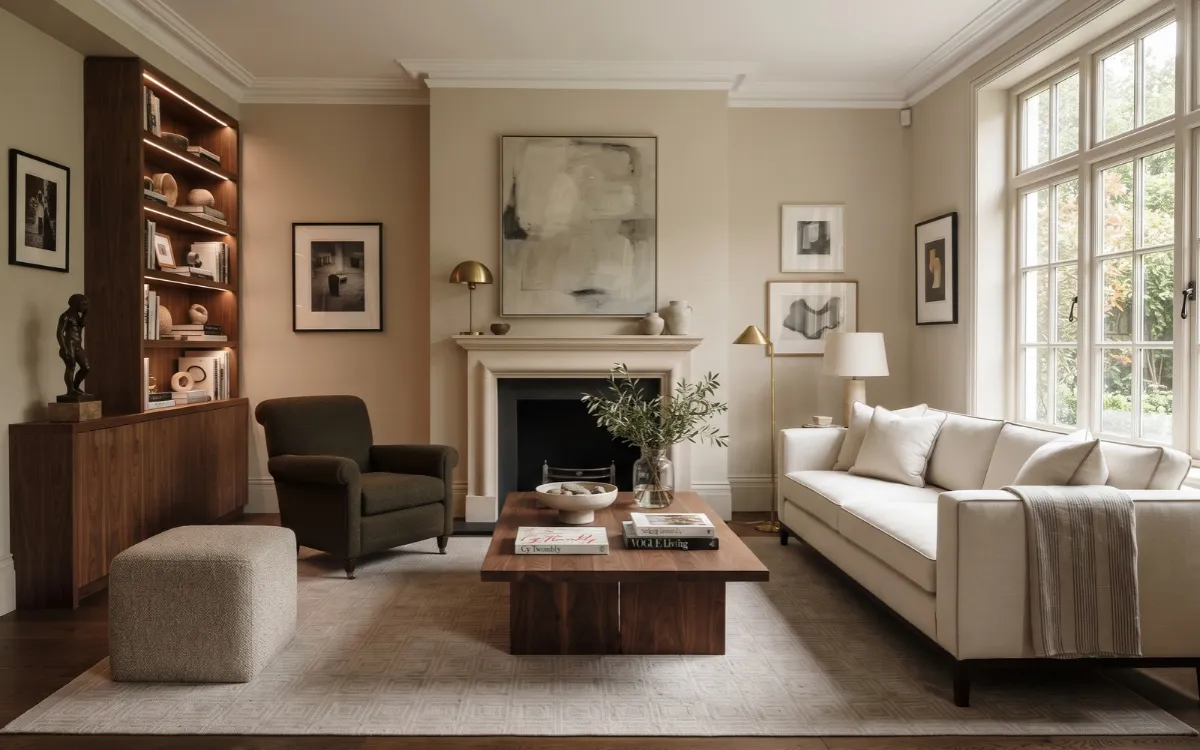 Refined residential interior combining classic, contemporary, natural, and collected design elements