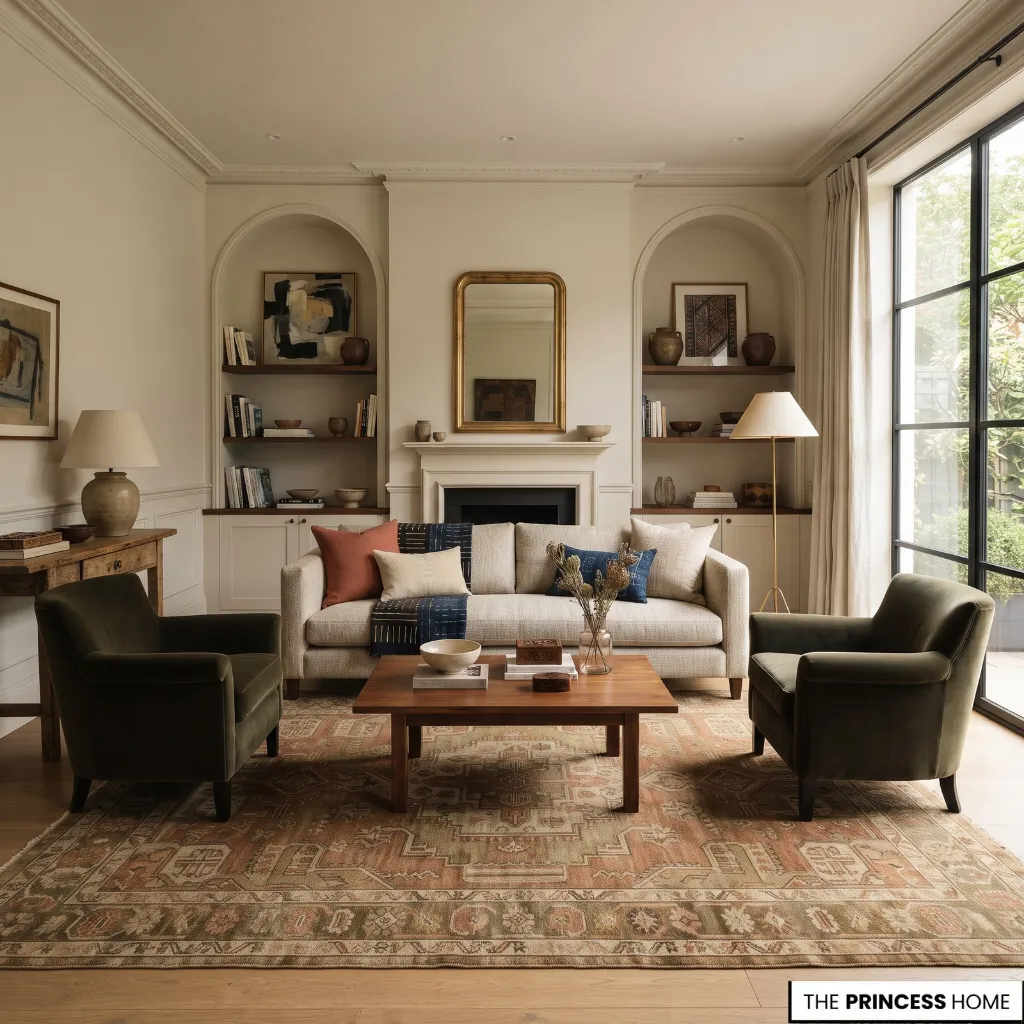 Refined room combining modern, classic, natural, and layered design characteristics