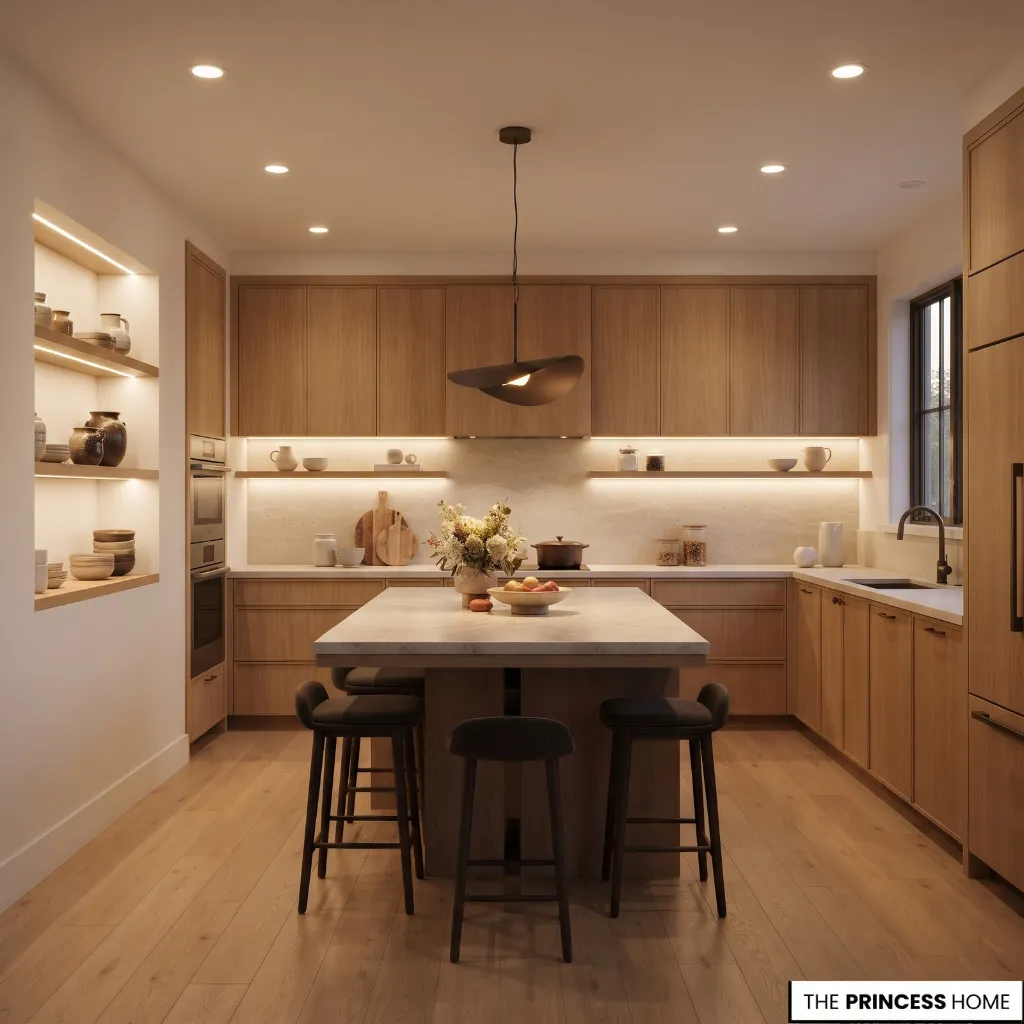 Kitchen showing recessed ceiling illumination, under-cabinet lighting, island pendants, and illuminated display shelves.