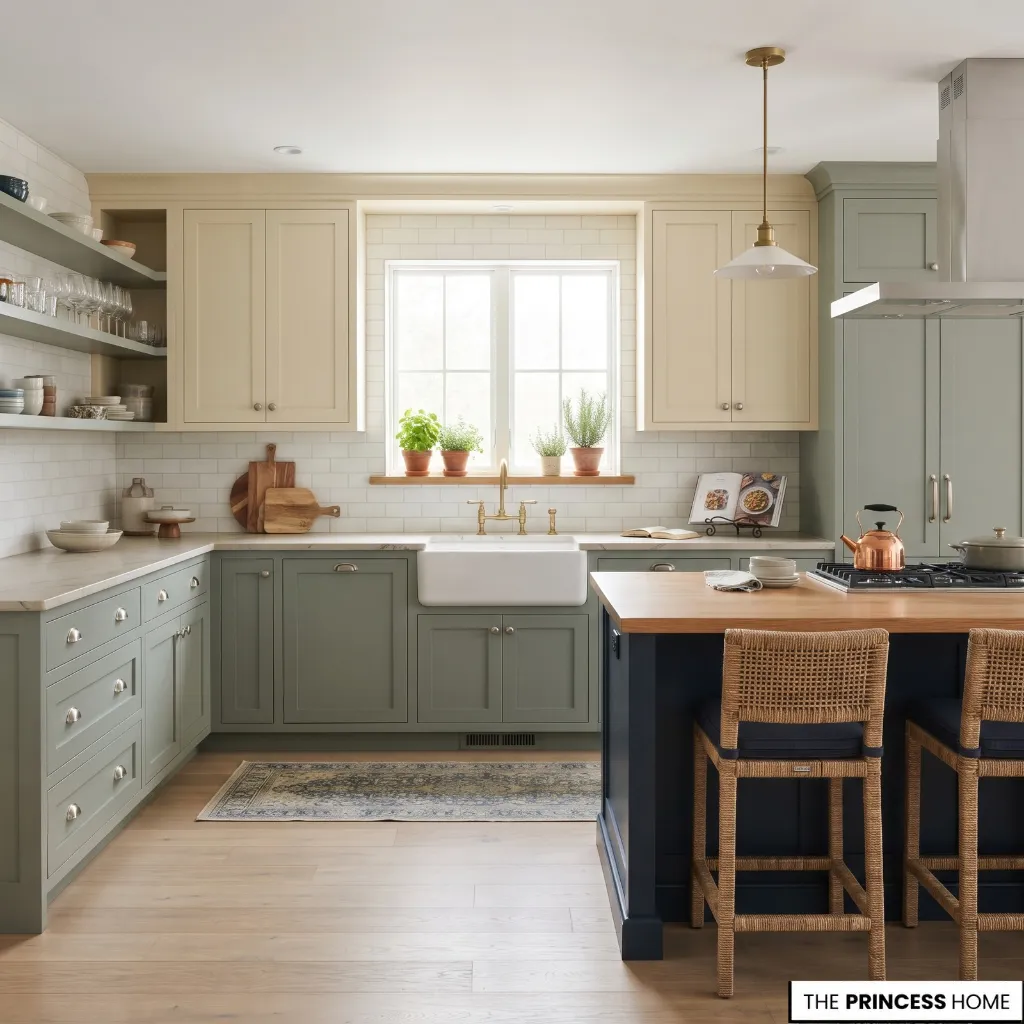 A kitchen combining sage-green perimeter cabinets, a deep blue island, and warm cream finishes.