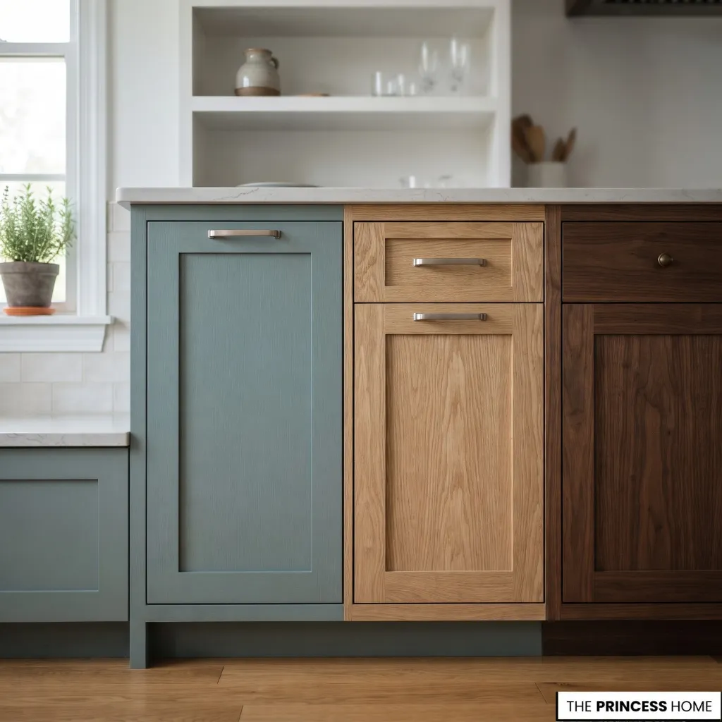 Painted and natural wood kitchen cabinet fronts showing contrasting surface colors and visible grain.