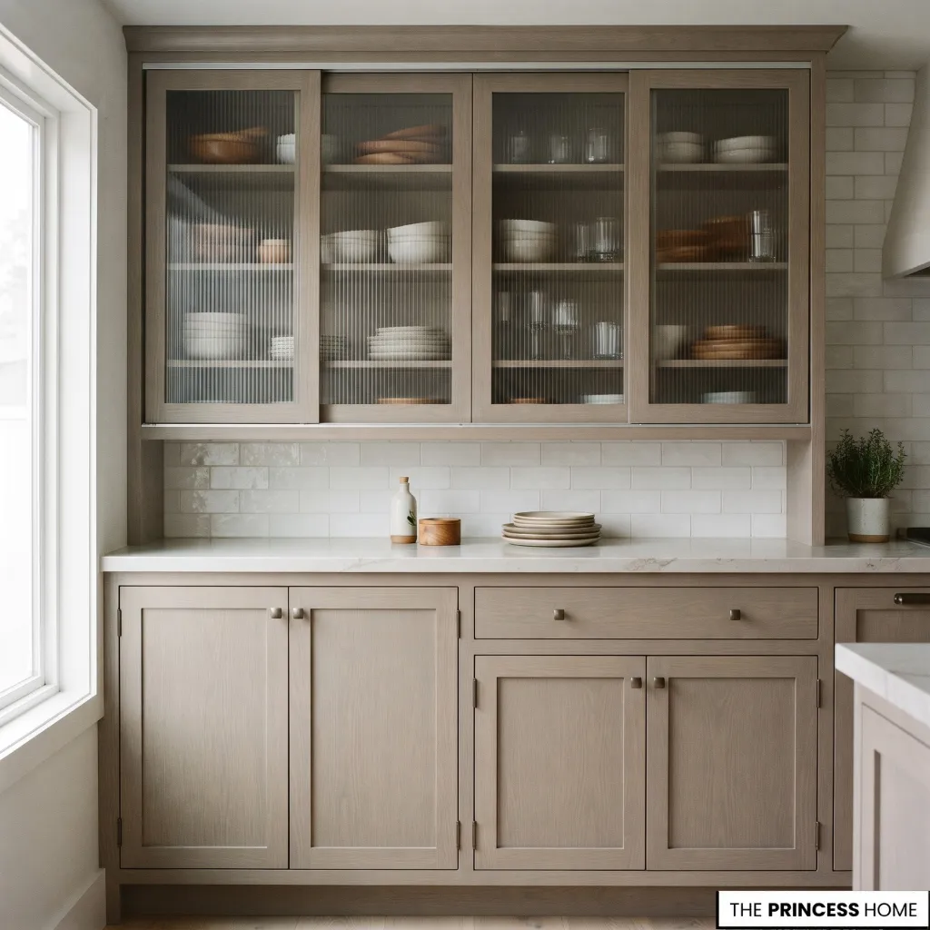 Kitchen cabinets with fluted glass sliding doors above framed lower cabinet fronts.