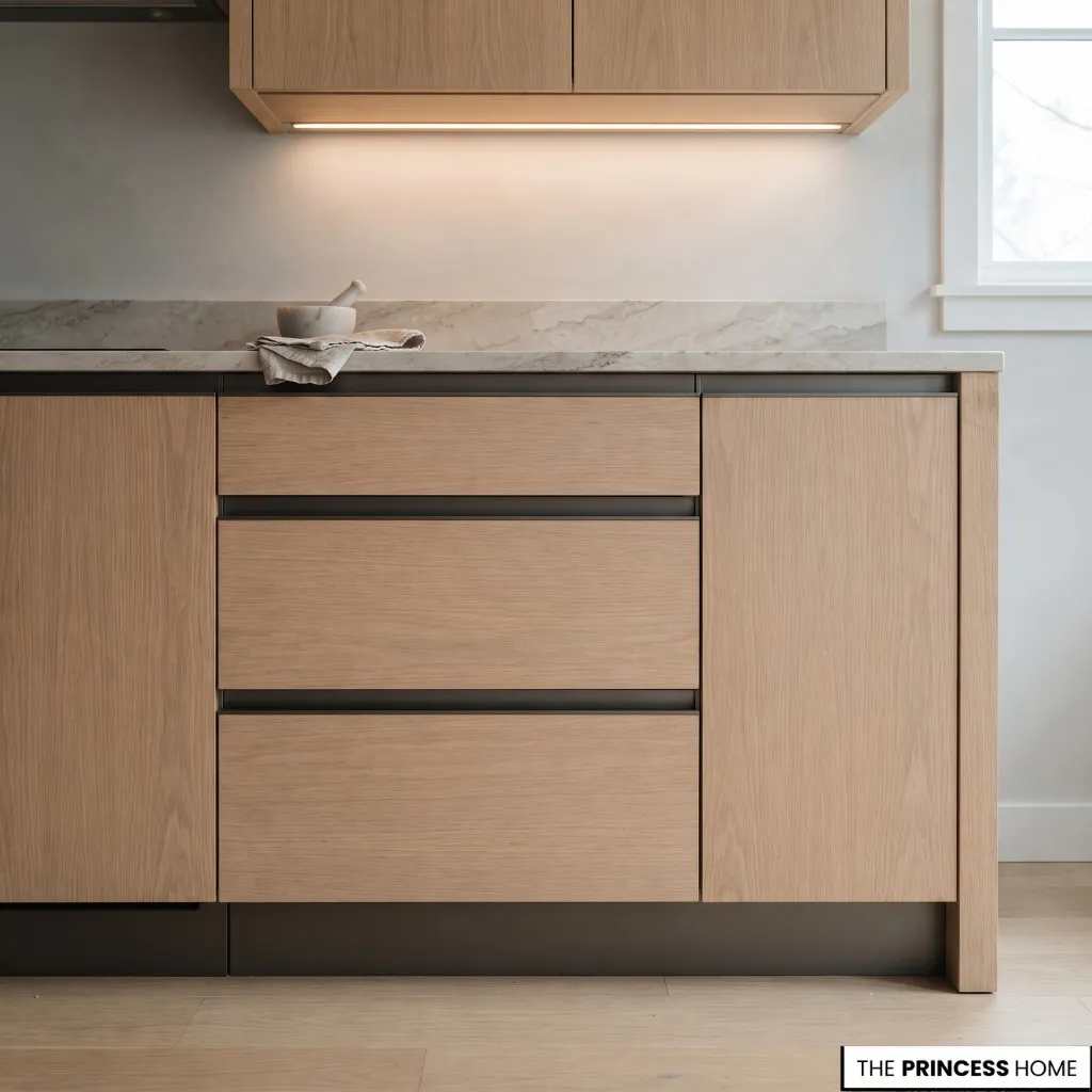 Light oak kitchen drawers with recessed integrated pulls and illuminated recessed toe-kick detailing.