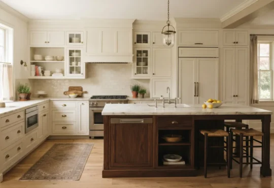 A timeless kitchen with cream inset cabinets, a dark wood island, and natural stone countertops.
