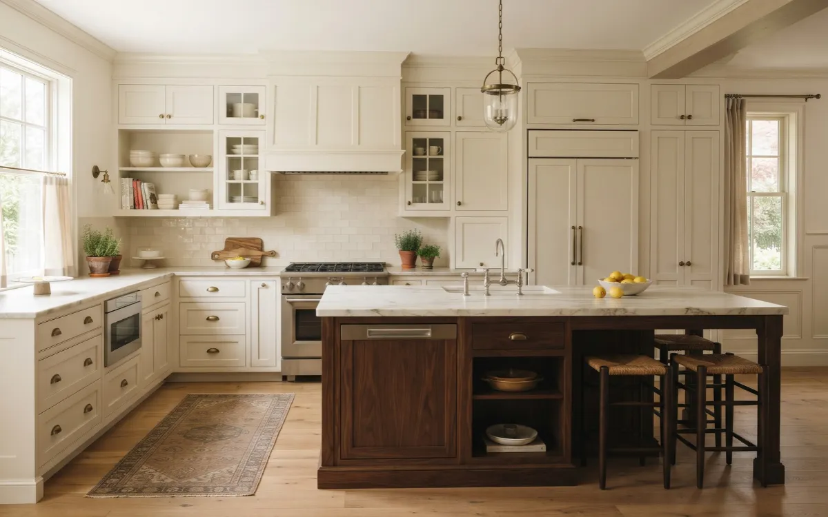 A timeless kitchen with cream inset cabinets, a dark wood island, and natural stone countertops.