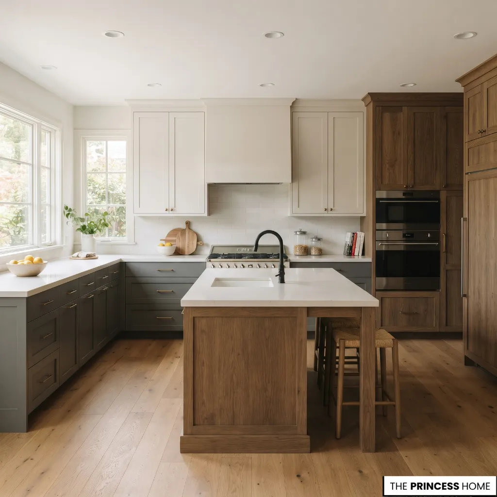 A kitchen arrangement showing tall pantry cabinets, base units, wall cabinets, and a central island.