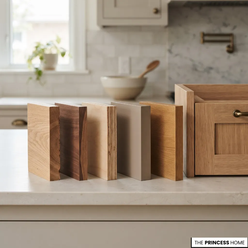 Samples of kitchen cabinet panel materials showing wood grain, veneer, plywood, and engineered board layers.