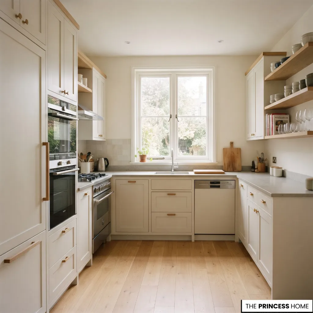 A compact kitchen with white cabinetry, integrated appliances, and continuous countertop workspace.
