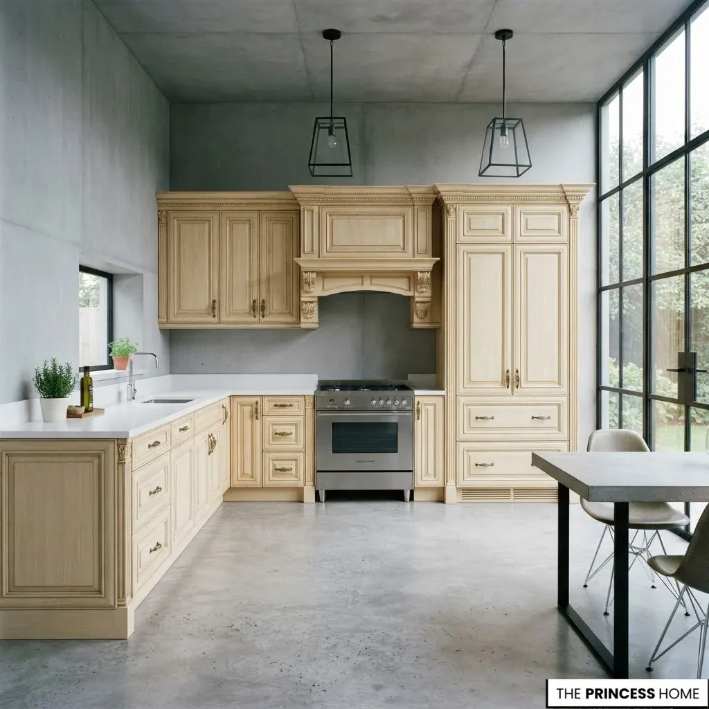 A kitchen showing traditional raised-panel cabinets that contrast with a strongly contemporary architectural setting.