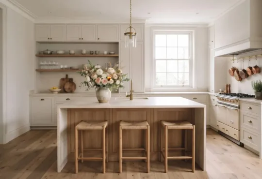 A coordinated kitchen with sage green cabinetry, pale wood finishes, light countertops, and warm neutral surfaces.
