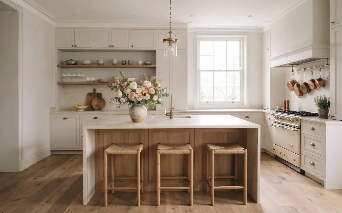 A coordinated kitchen with sage green cabinetry, pale wood finishes, light countertops, and warm neutral surfaces.