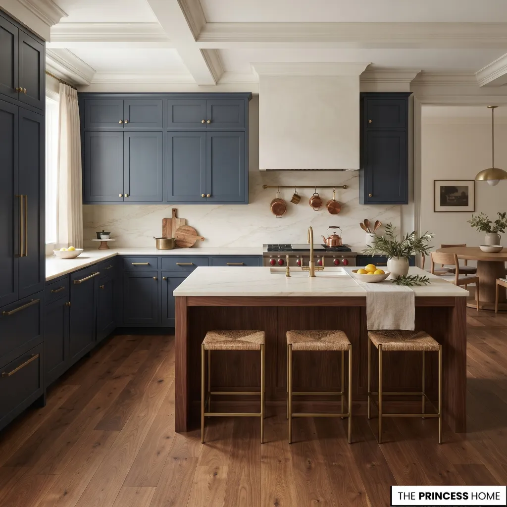 Deep blue kitchen cabinetry contrasted with a pale stone island and matching backsplash.