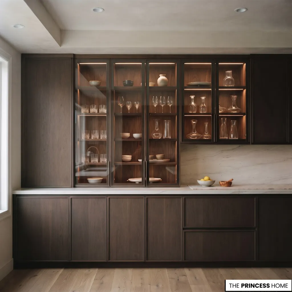 Warm integrated LED lighting illuminating glassware inside dark wood kitchen display cabinets.