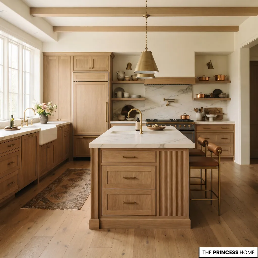 A kitchen island positioned between perimeter cabinets with clear routes for moving around the work area.