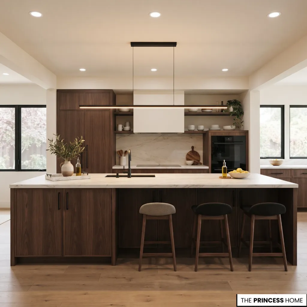 Long walnut kitchen island illuminated by a proportionate linear pendant fixture.