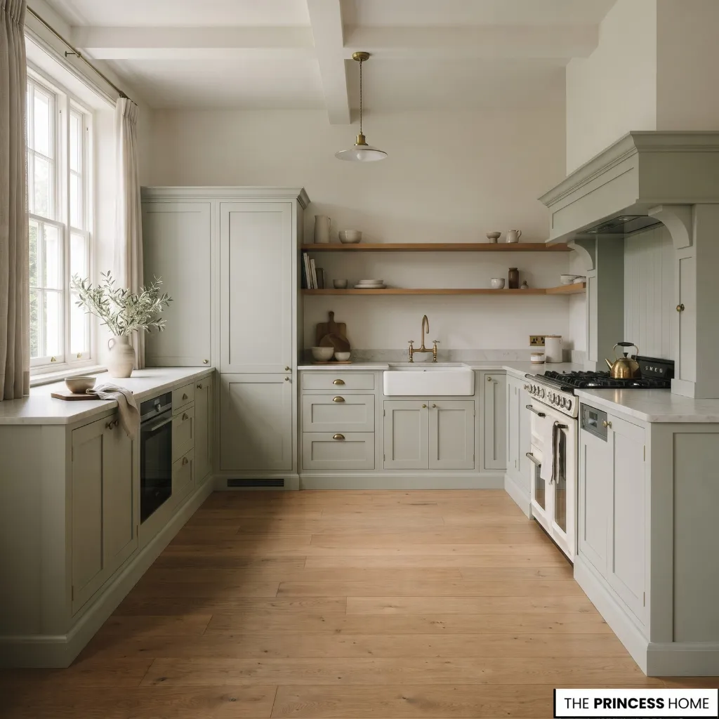 A kitchen with two connected runs of cabinetry and an open central working area.